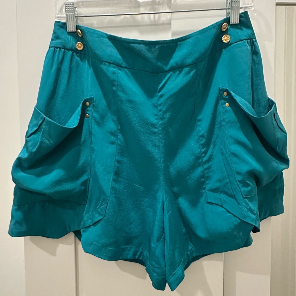 Anthropologie Leifsdottir Teal Silk Shorts with Gold Buttons